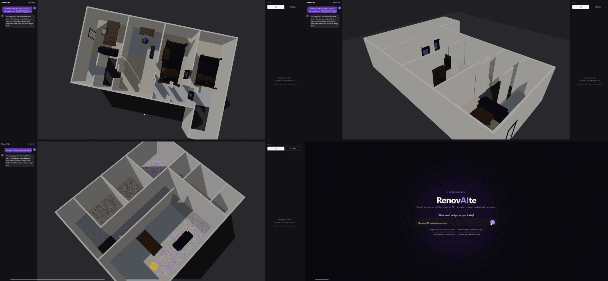 RenovAIt 3D room layouts alongside its text-to-design prompt screen